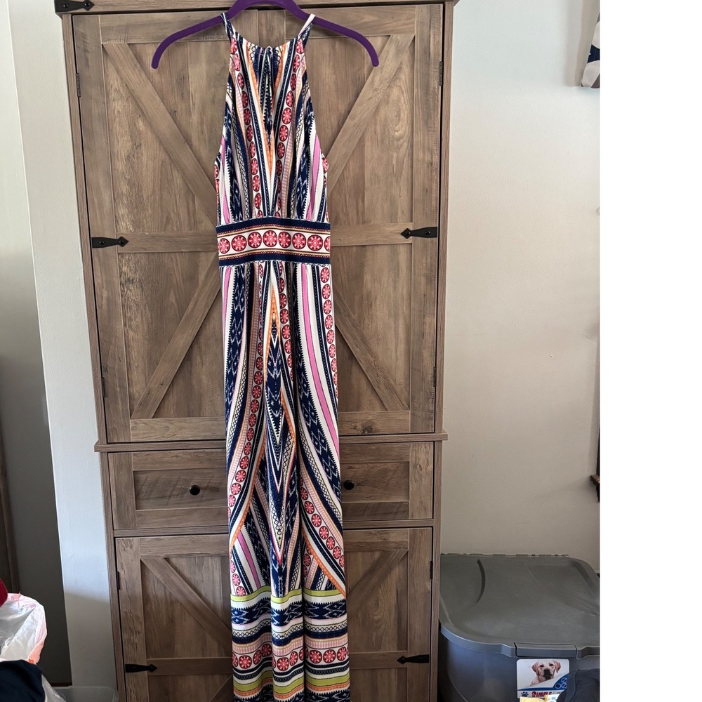 London Times Halter Maxi Dress Multicolor Geometric Floral Print Size 4